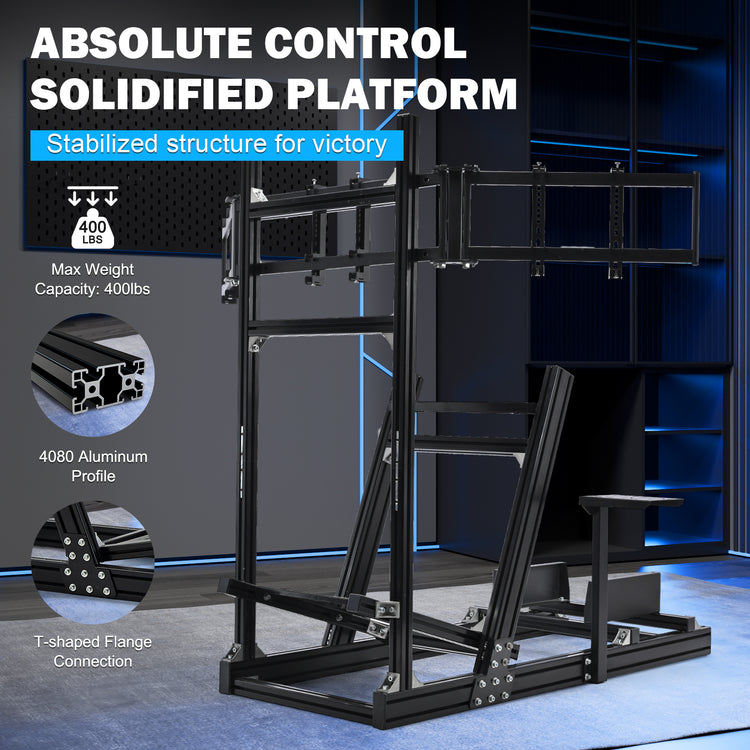 Anman 8040 Aluminum Profile Racing Sim Cockpit with Triple Screen Monitor Stand,F1 Trunk Simulator,Fit for Moza/Logitech/Fanatec/Thrustmaster,Professional-Grade,No Seat,Steering Wheel,Handbrake,Pedals