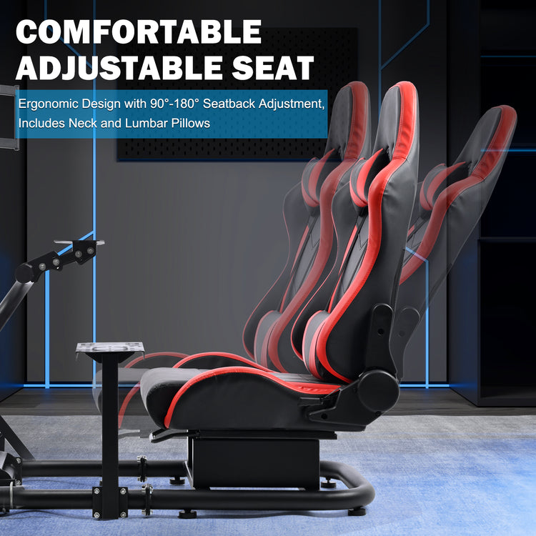 Anman Racing Simulator Cockpit with Triple Monitor Stand and Red Seat Compatible with Logitech G29 G920 G923 and Thrustmaster T300RS steering wheels. Not include steering wheel, pedals, monitors, or handbrake.