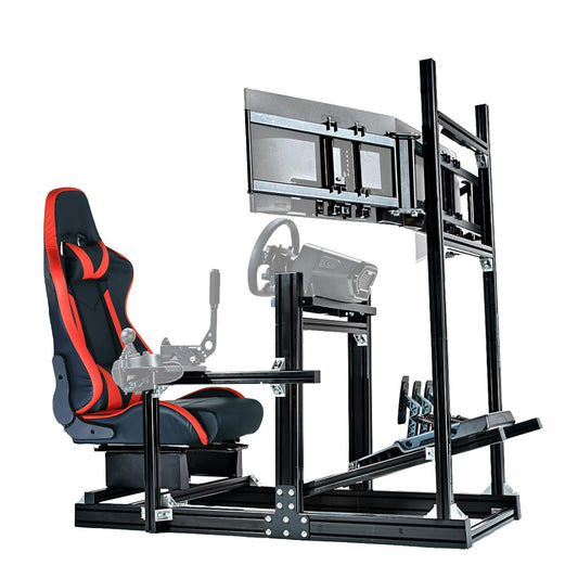 Anman Racing Simulator Cockpit Stand with Triple Monitor Mount and Red Seat Fit for Logitech/Thrustmaster/Fanatec,Aluminum profile adjustable Sim cockpit,Not Included Wheel,Pedals,Shifter