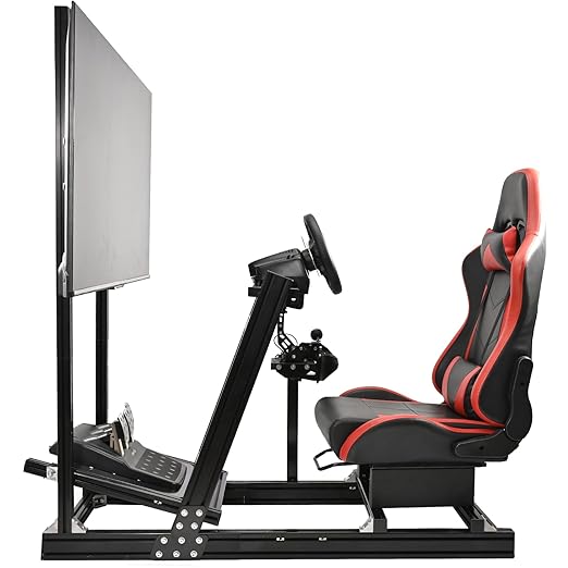 Anman Rock-Firm Game Driving Sim Simulator Cockpit with Esports Red Seat Racing Wheel Frame Monitor TV Stand Fits for All Logitech,Thrustmaster T300RS TX T248X, Fanatec, Without Wheel Shifter Pedals