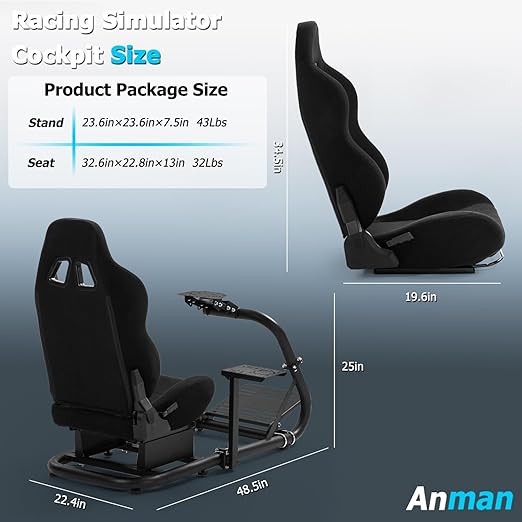 Anman Inspired Racing Wheel Stand with Black Seat fit for Logitech Fanatec Thrustmaster T80,T150,T248,T300,G920,G923,G25,G27 Comfortable Driving Simulator Cockpit Not Included Wheel Shifter Pedals