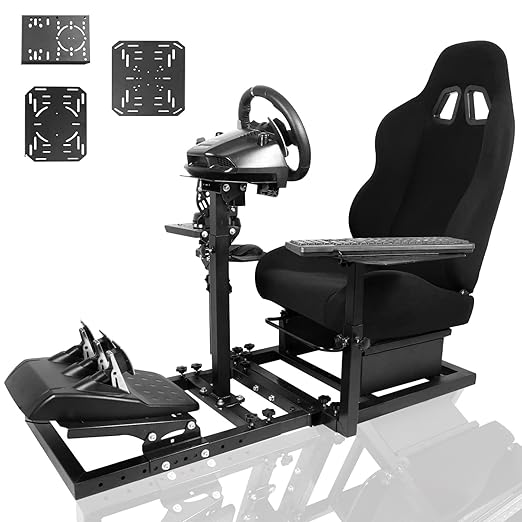 Anman Racing Simulator Cockpit With Black Seat Fits for Logitech/Thrustmaster G923,G29,G27,G920,T150,T300,T300RS|3-Piece Shift Lever Panels|Only Heavy Race Wheel Frame&Black Seat