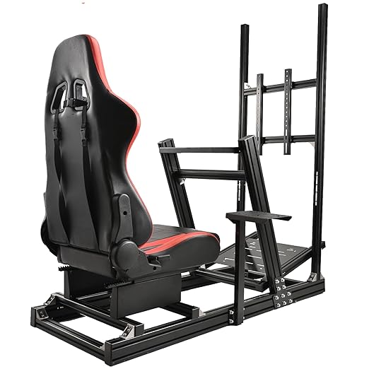 Anman Rock-Firm Game Driving Sim Simulator Cockpit with Esports Red Seat Racing Wheel Frame Monitor TV Stand Fits for All Logitech,Thrustmaster T300RS TX T248X, Fanatec, Without Wheel Shifter Pedals