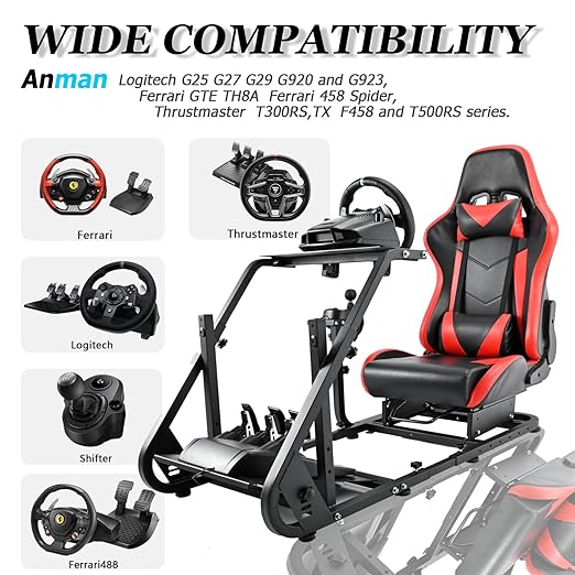 Anman G920 Racing Sim Simulator Cockpit With Red Racing Seat, Adjustable Driving Gaming Sim Frame Fits Xbox,Logitech,Thrustmaster T300,Fanatec,Wheel Shifter Pedals NOT Included