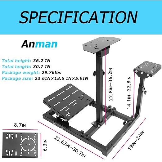 Anman Ultra-Stable Racing Wheel Stand fit for Logitech/Thrustmaster/Fanatec G29 G920 G923 G27 T150 T248 T300RS TMX,Driving Simulator Cockpit Gravity Upgrade,Steering Wheel Pedal Seat Not Included