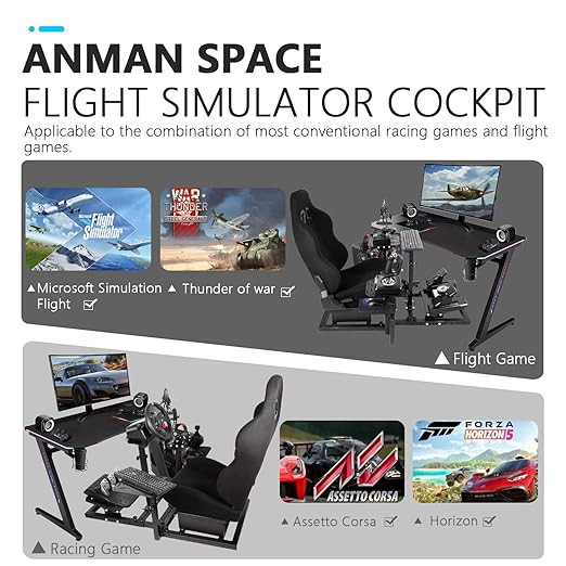 Anman Racing Simulator Cockpit With Black Seat Fits for Logitech/Thrustmaster G923,G29,G27,G920,T150,T300,T300RS|3-Piece Shift Lever Panels|Only Heavy Race Wheel Frame&Black Seat
