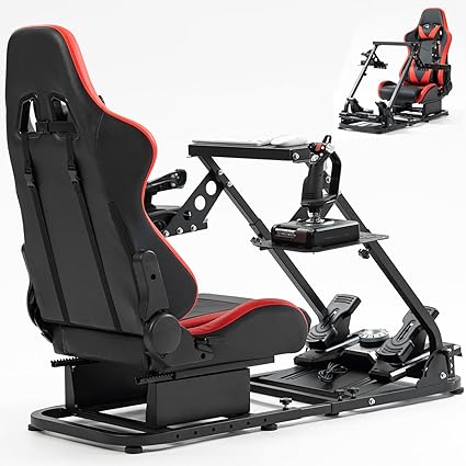 Anman Versatile Flight Sim Stand with Seat Fits for Logitech/Thrustmaster G29,G920,G923,X52,G PRO,T16000,T80,T300,Double Gearshift Lever Racing Wheel Mount Simulator Cockpit,Electronics Not Included