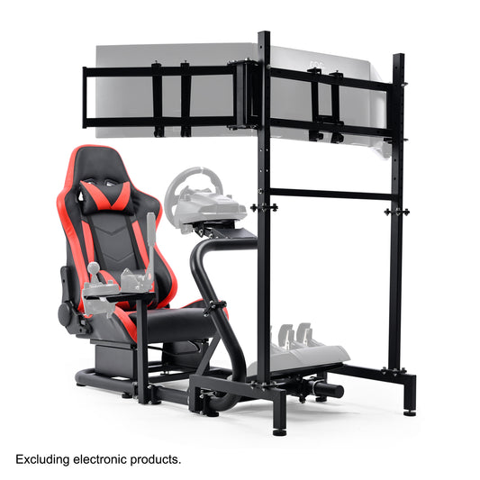 Anman Racing Simulator Cockpit with Triple Monitor Stand and Red Seat Compatible with Logitech G29 G920 G923 and Thrustmaster T300RS steering wheels. Not include steering wheel, pedals, monitors, or handbrake.