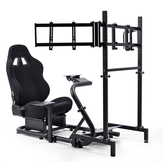 Anman Racing Simulator Cockpit with Triple Monitor Stand and Black Seat Compatible with Logitech G29 G920 G923 and Thrustmaster T300RS steering wheels. Not include steering wheel, pedals, monitors, or handbrake.