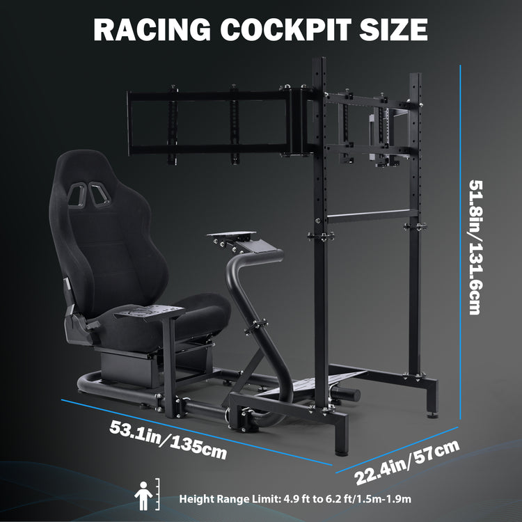 Anman Racing Simulator Cockpit with Triple Monitor Stand and Black Seat Compatible with Logitech G29 G920 G923 and Thrustmaster T300RS steering wheels. Not include steering wheel, pedals, monitors, or handbrake.