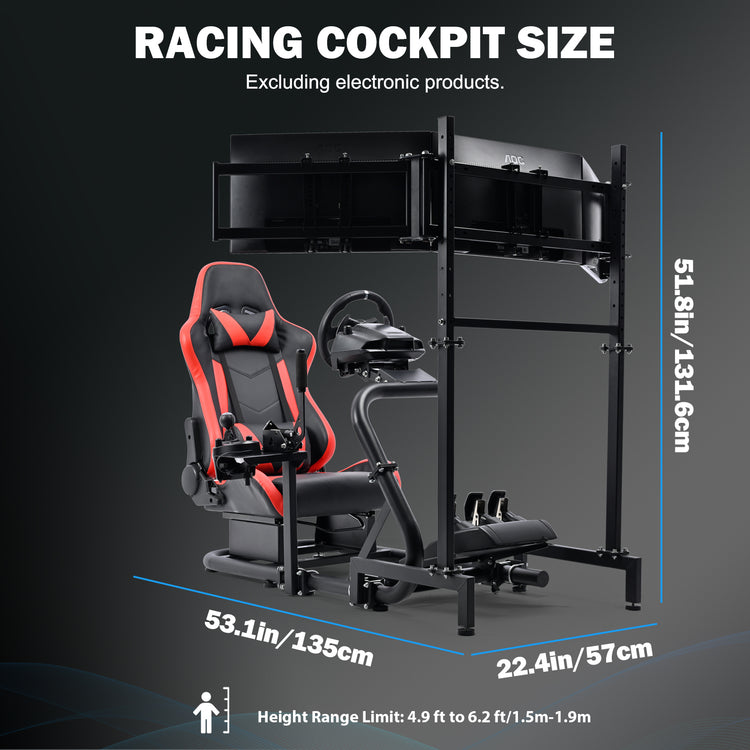 Anman Racing Simulator Cockpit with Triple Monitor Stand and Red Seat Compatible with Logitech G29 G920 G923 and Thrustmaster T300RS steering wheels. Not include steering wheel, pedals, monitors, or handbrake.