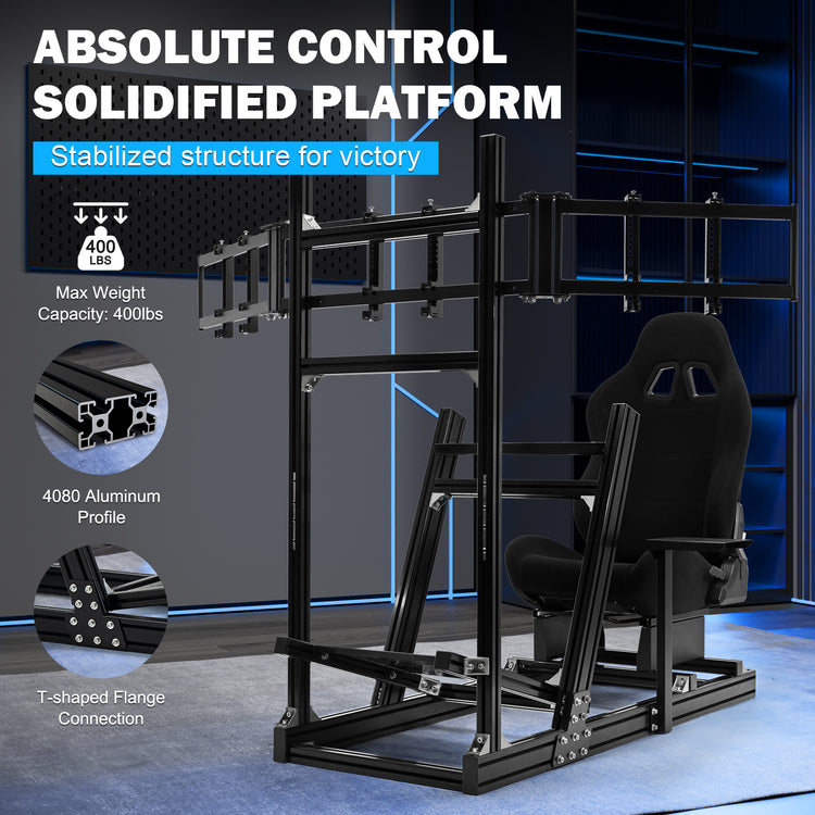 Anman 8040 Aluminum Profile Racing Sim Cockpit with Black Seat Triple Screen Monitor,F1 Trunk Simulator,Fit for Moza/Logitech/Fanatec/Thrustmaster,Professional-Grade,No TV,Steering Wheel,Handbrake,Pedals
