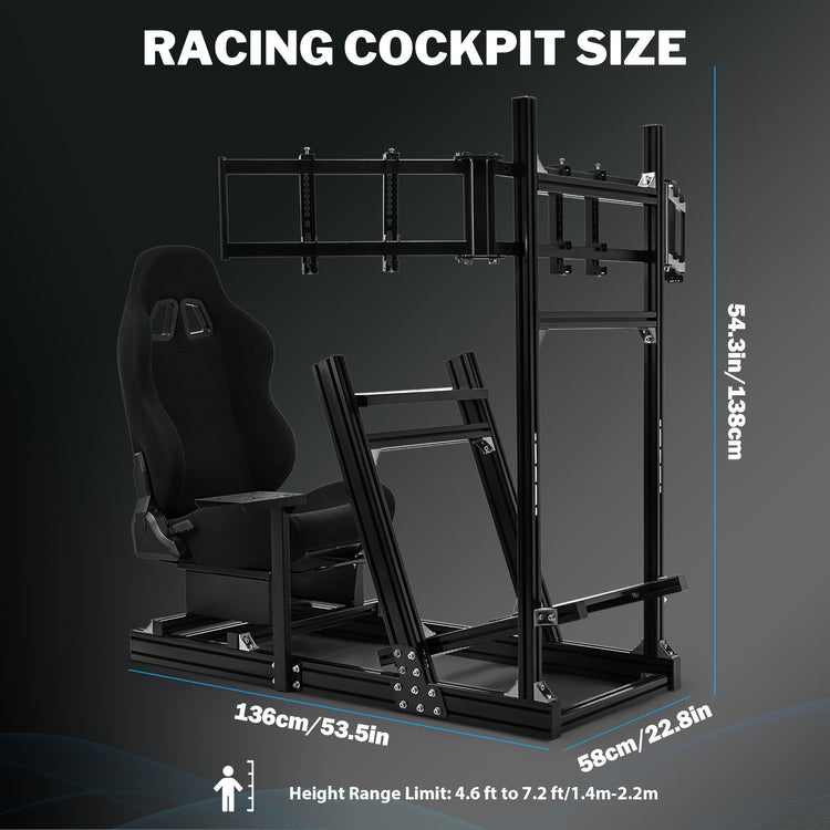 Anman 8040 Aluminum Profile Racing Sim Cockpit with Black Seat Triple Screen Monitor,F1 Trunk Simulator,Fit for Moza/Logitech/Fanatec/Thrustmaster,Professional-Grade,No TV,Steering Wheel,Handbrake,Pedals