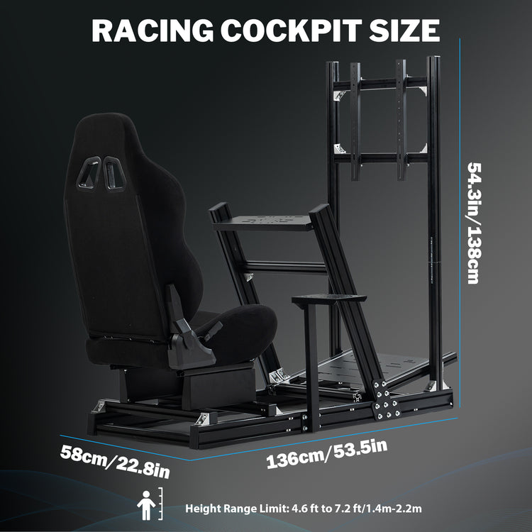 Anman 8040 Aluminum Profile Racing Sim Cockpit with Black Seat Monitor Mount,F1 Trunk Simulator,Fit for Moza/Logitech/Fanatec/Thrustmaster,Professional-Grade,No TV,Steering Wheel,Handbrake,Pedals