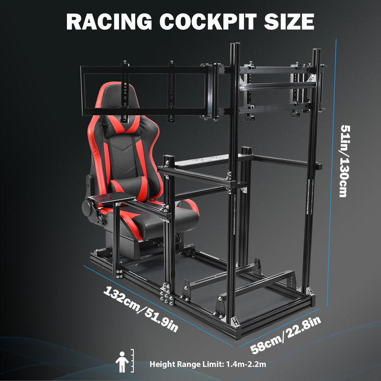Anman 3060 Aluminum Profiles Racing Simulator Cockpit with Red Seat and Triple Monitor Mount, Compatible with Logitech/Thrustmaster/Fanatec, Infinitely Adjustable,SSteering Wheel, Pedals, Handbrake, and Monitors Sold Separately