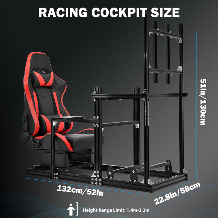 Anman 3060 Aluminum Profiles Racing Simulator Cockpit with Red Seat and Monitor Mount, Compatible with Logitech/Thrustmaster/Fanatec,  Infinitely Adjustable, Steering Wheel, Pedals, Handbrake, and Monitors Sold Separately