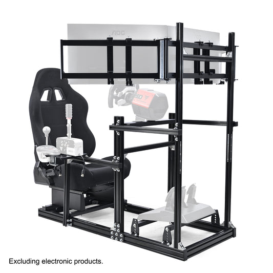 Anman 3060 Aluminum Profiles Racing Simulator Cockpit with Black Seat and Triple Monitor Mount, Compatible with Logitech/Thrustmaster/Fanatec, Infinitely Adjustable. Steering Wheel, Pedals, Handbrake, and Monitors Sold Separately