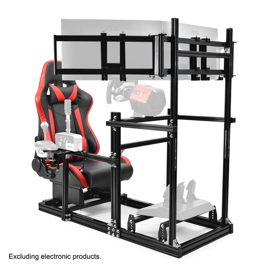 Anman 3060 Aluminum Profiles Racing Simulator Cockpit with Red Seat and Triple Monitor Mount, Compatible with Logitech/Thrustmaster/Fanatec, Infinitely Adjustable,SSteering Wheel, Pedals, Handbrake, and Monitors Sold Separately
