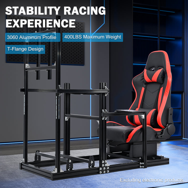Anman 3060 Aluminum Profiles Racing Simulator Cockpit with Red Seat and Monitor Mount, Compatible with Logitech/Thrustmaster/Fanatec,  Infinitely Adjustable, Steering Wheel, Pedals, Handbrake, and Monitors Sold Separately