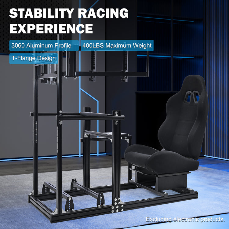 Anman 3060 Aluminum Profiles Racing Simulator Cockpit with Black Seat and Triple Monitor Mount, Compatible with Logitech/Thrustmaster/Fanatec, Infinitely Adjustable. Steering Wheel, Pedals, Handbrake, and Monitors Sold Separately