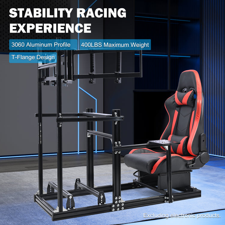 Anman 3060 Aluminum Profiles Racing Simulator Cockpit with Red Seat and Triple Monitor Mount, Compatible with Logitech/Thrustmaster/Fanatec, Infinitely Adjustable,SSteering Wheel, Pedals, Handbrake, and Monitors Sold Separately