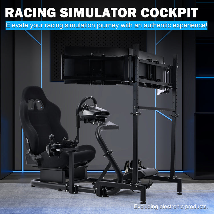 Anman Racing Simulator Cockpit with Triple Monitor Stand and Black Seat Compatible with Logitech G29 G920 G923 and Thrustmaster T300RS steering wheels. Not include steering wheel, pedals, monitors, or handbrake.