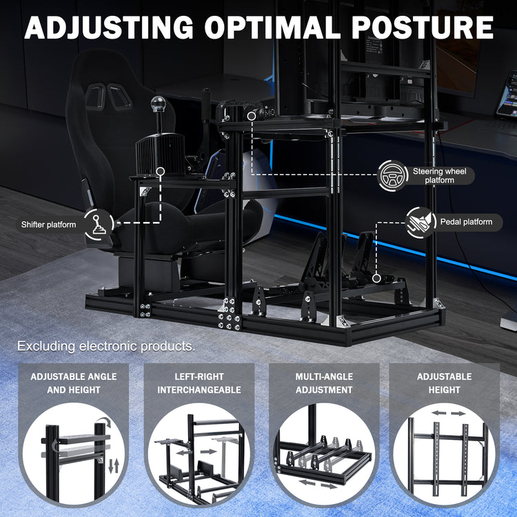 Anman 3060 Aluminum Profiles Racing Simulator Cockpit with Black Seat and Monitor Mount, Compatible with Logitech/Thrustmaster/Fanatec,  Infinitely Adjustable, Steering Wheel, Pedals, Handbrake, and Monitors Sold Separately