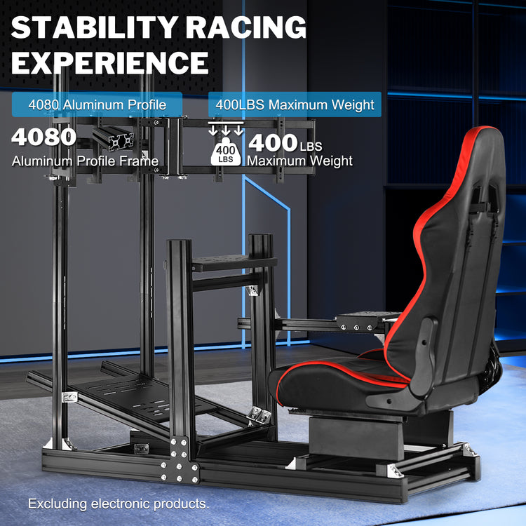 Anman Sim Racing Cockpit 8040 Aluminium Profile Racing Stand with Triple Monitor Stand, Fit for Using Direct Drive Steering Wheel GPRO CSLDD T818 Driving Simulator Cockpit with Red Seat Not Include Steering Wheel,Pedals,Handbrake