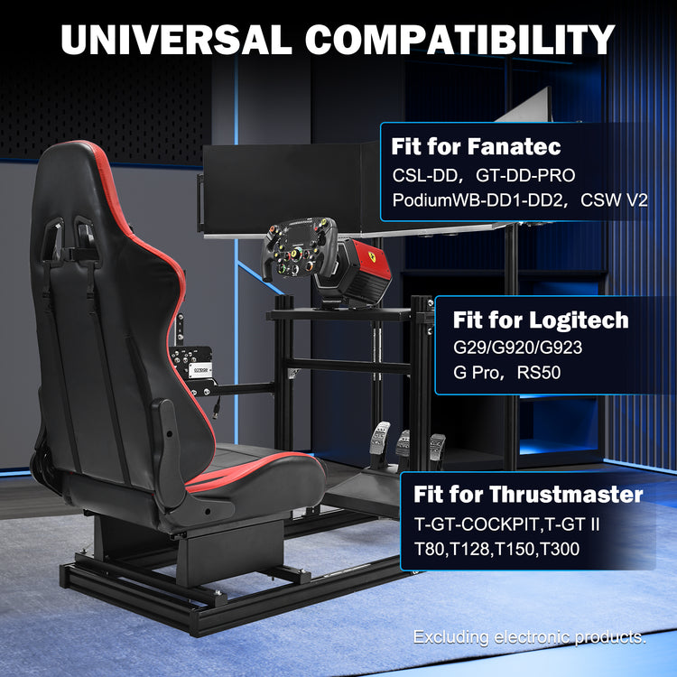 Anman 3060 Aluminum Profiles Racing Simulator Cockpit with Red Seat and Triple Monitor Mount, Compatible with Logitech/Thrustmaster/Fanatec, Infinitely Adjustable,SSteering Wheel, Pedals, Handbrake, and Monitors Sold Separately