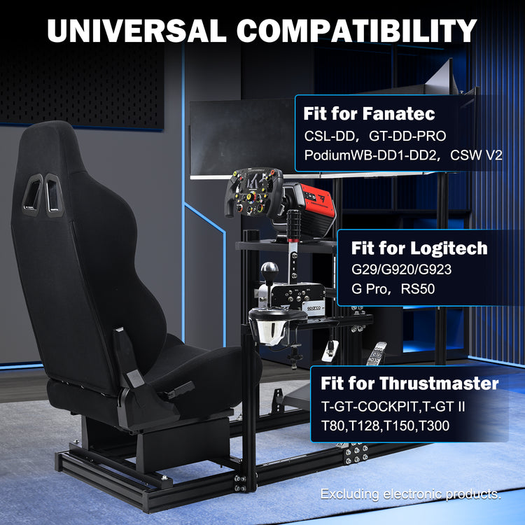 Anman 3060 Aluminum Profiles Racing Simulator Cockpit with Black Seat and Triple Monitor Mount, Compatible with Logitech/Thrustmaster/Fanatec, Infinitely Adjustable. Steering Wheel, Pedals, Handbrake, and Monitors Sold Separately