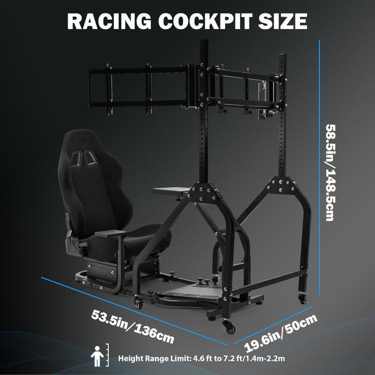 Anman Stand-up Racing Simulator Cockpit with Black Gaming Seat Triple Monitor Stand FIt for Logitech G29 G920 G923,for Thrustmaster T-GT II T80 T150,for PXN V9 V10 V99,Standing Sim Driving Cockpit, Not Include Wheel Shifter Pedal TV
