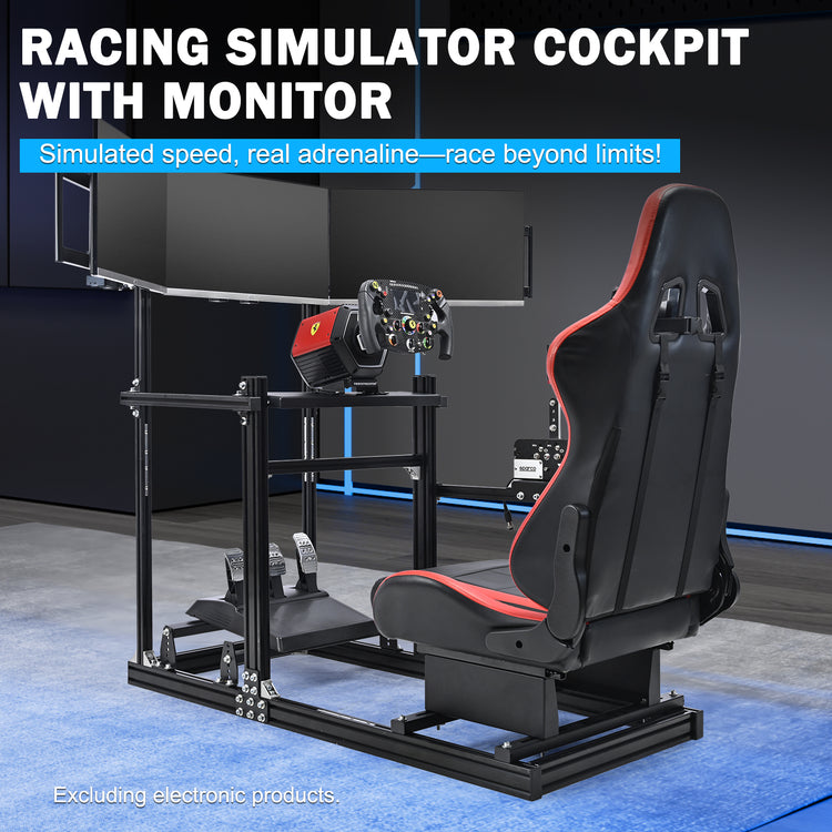 Anman 3060 Aluminum Profiles Racing Simulator Cockpit with Red Seat and Triple Monitor Mount, Compatible with Logitech/Thrustmaster/Fanatec, Infinitely Adjustable,SSteering Wheel, Pedals, Handbrake, and Monitors Sold Separately