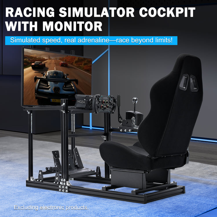 Anman 3060 Aluminum Profiles Racing Simulator Cockpit with Black Seat and Monitor Mount, Compatible with Logitech/Thrustmaster/Fanatec,  Infinitely Adjustable, Steering Wheel, Pedals, Handbrake, and Monitors Sold Separately