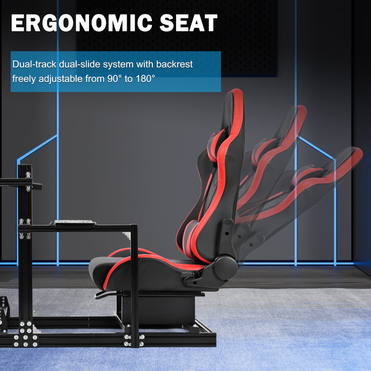 Anman 3060 Aluminum Profiles Racing Simulator Cockpit with Red Seat and Triple Monitor Mount, Compatible with Logitech/Thrustmaster/Fanatec, Infinitely Adjustable,SSteering Wheel, Pedals, Handbrake, and Monitors Sold Separately