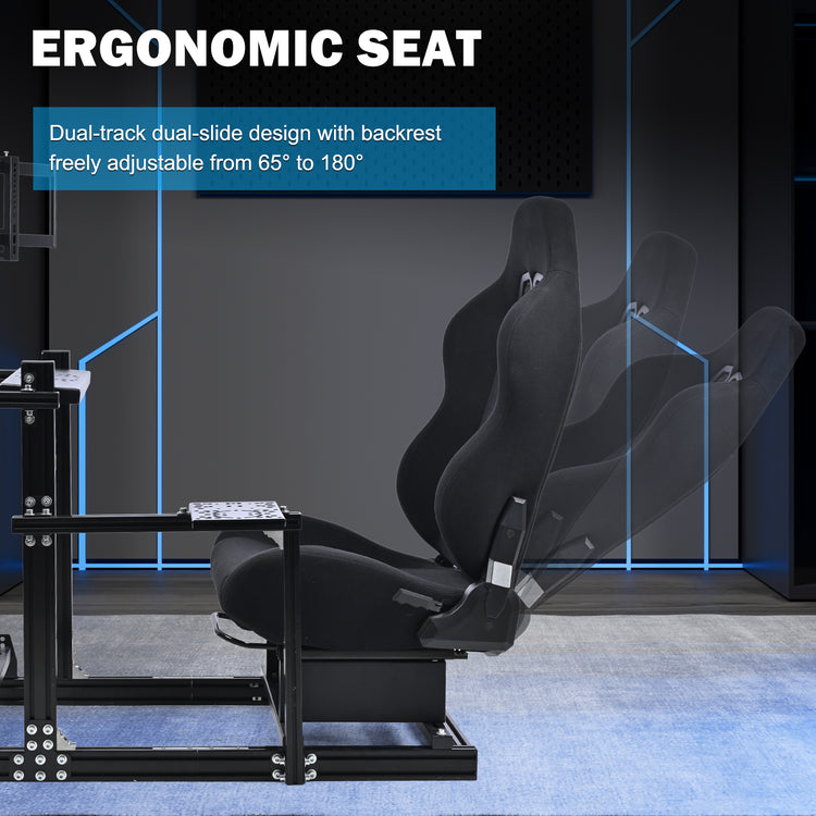Anman 3060 Aluminum Profiles Racing Simulator Cockpit with Black Seat and Triple Monitor Mount, Compatible with Logitech/Thrustmaster/Fanatec, Infinitely Adjustable. Steering Wheel, Pedals, Handbrake, and Monitors Sold Separately