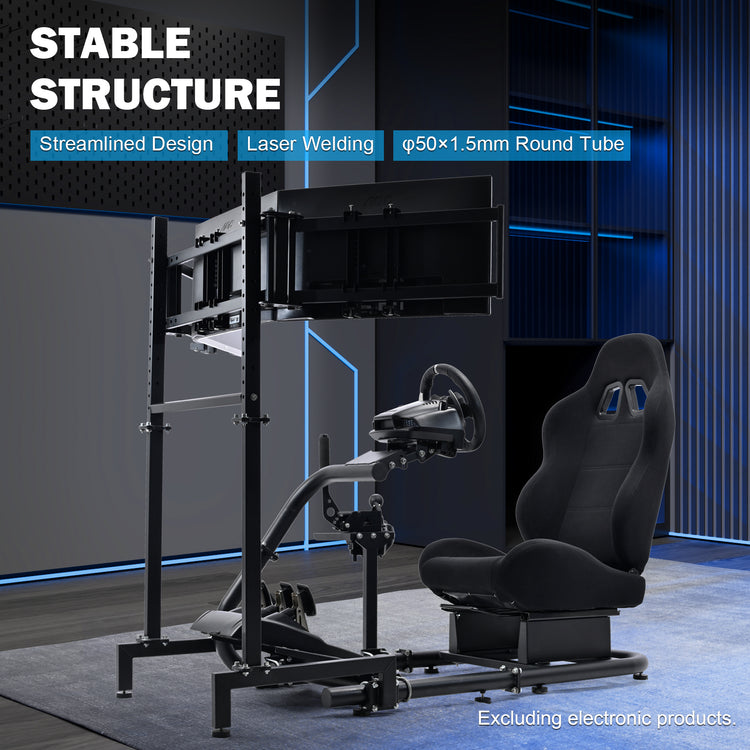 Anman Racing Simulator Cockpit with Triple Monitor Stand and Black Seat Compatible with Logitech G29 G920 G923 and Thrustmaster T300RS steering wheels. Not include steering wheel, pedals, monitors, or handbrake.