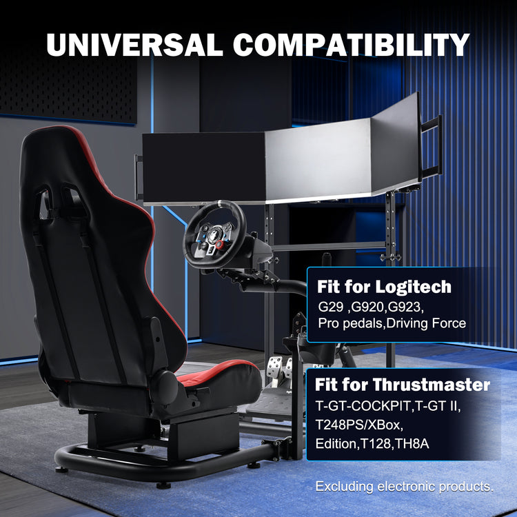 Anman Racing Simulator Cockpit with Triple Monitor Stand and Red Seat Compatible with Logitech G29 G920 G923 and Thrustmaster T300RS steering wheels. Not include steering wheel, pedals, monitors, or handbrake.