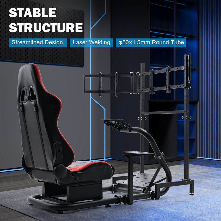 Anman Racing Simulator Cockpit with Triple Monitor Stand and Red Seat Compatible with Logitech G29 G920 G923 and Thrustmaster T300RS steering wheels. Not include steering wheel, pedals, monitors, or handbrake.
