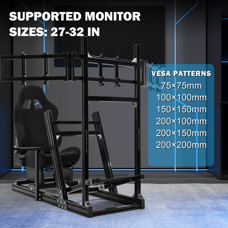 Anman 8040 Aluminum Profile Racing Sim Cockpit with Black Seat Triple Screen Monitor,F1 Trunk Simulator,Fit for Moza/Logitech/Fanatec/Thrustmaster,Professional-Grade,No TV,Steering Wheel,Handbrake,Pedals